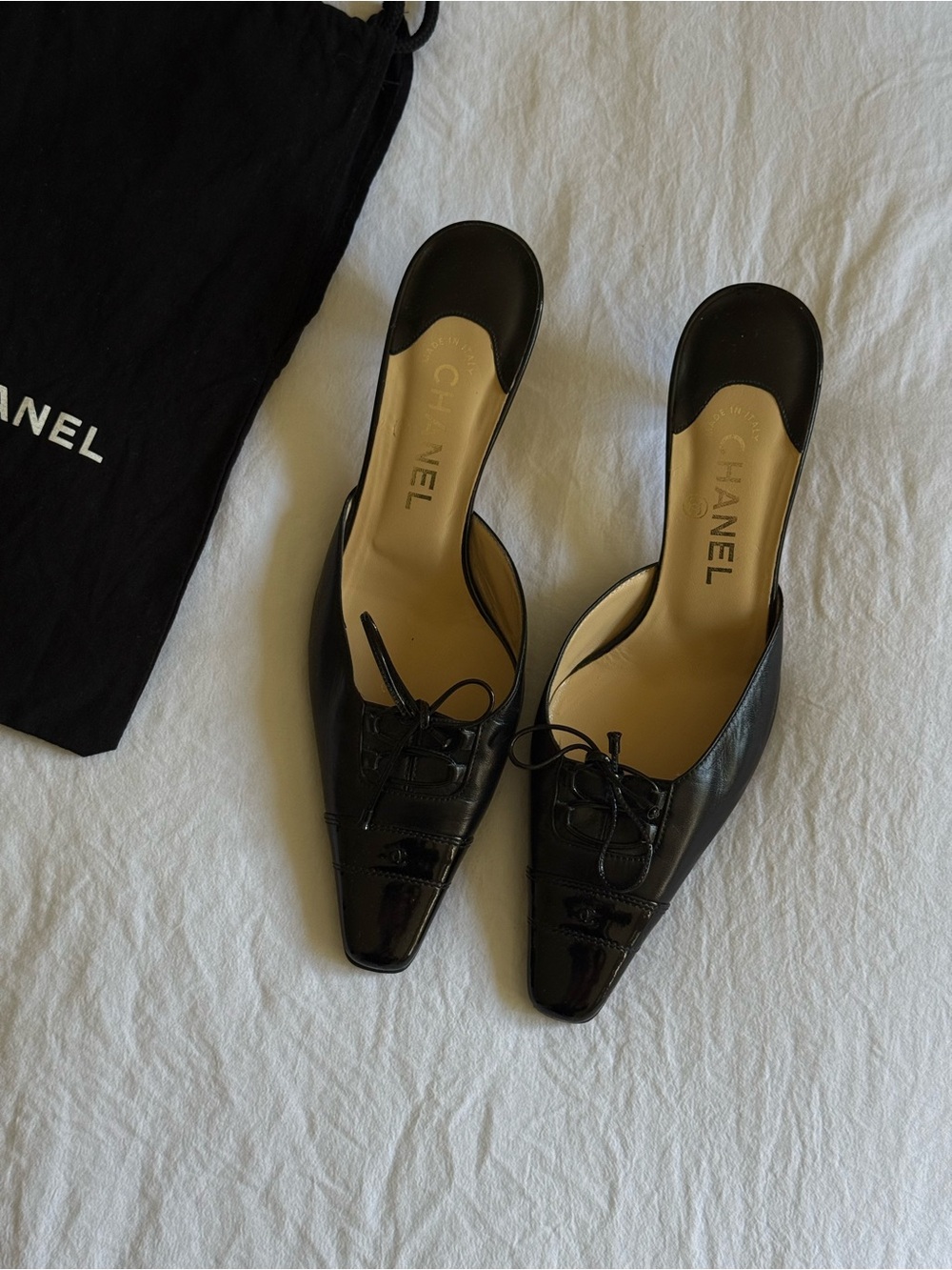 CHANEL Vintage Rare Black Patent & Leather Pointed toe mules on kitten heel